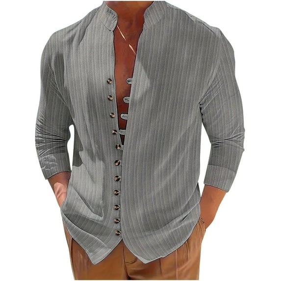 Aloohaidyvio George Mens Long Sleeve Linen Shirt Button up Loose Fit Vintage Shirts Banded Collar High Elastic Henley Tops