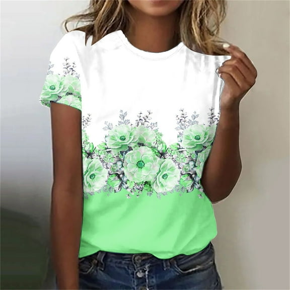 Aloohaidyvio Going out Tops for Women,Womens Summer Fashion Flower Print Round Neck Short Sleeve T-Shirt Tops