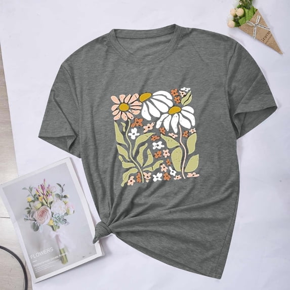 Aloohaidyvio Graphic T Shirts for Women,2024 Women's Summer Boho Floral T Shirt Cute Vintage Graphic Loose Tees Spring Crew Neck Short Sleeve Casual Tops