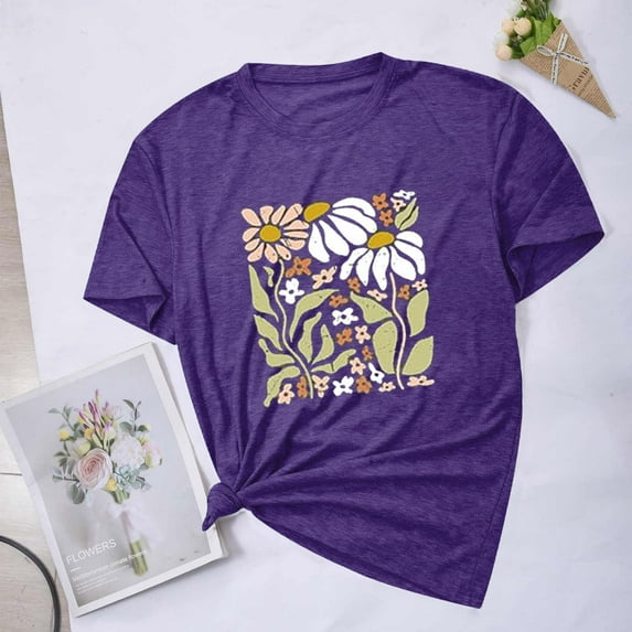 Aloohaidyvio Graphic T Shirts for Women,2024 Women's Summer Boho Floral T Shirt Cute Vintage Graphic Loose Tees Spring Crew Neck Short Sleeve Casual Tops