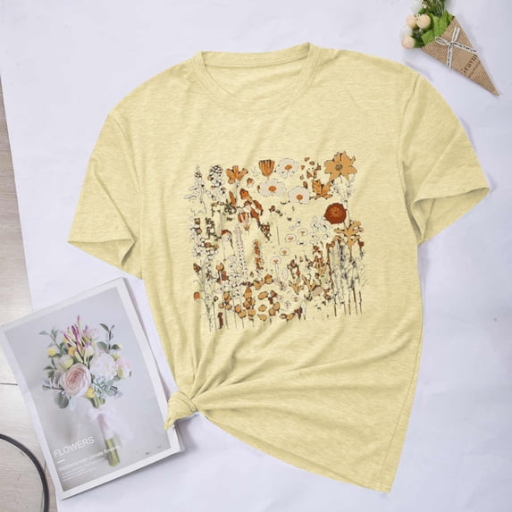 Aloohaidyvio Graphic T Shirts for Women,Summer Women's Boho Flower Crew Neck T Shirt 2024 Spring Vintage Flowers Printed Shirt Colorful Wildflower Casual Botanical Tops Tee