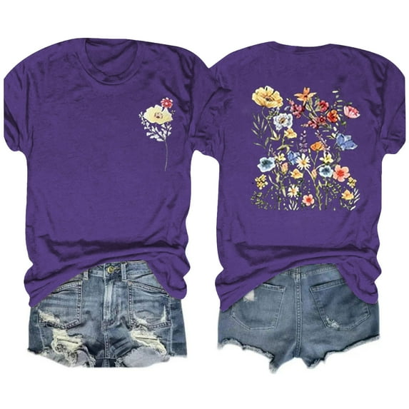 Aloohaidyvio Graphic T Shirts for Women,Summer Women's Boho Flower Crew Neck T Shirt 2024 Spring Vintage Flowers Printed Shirt Colorful Wildflower Casual Botanical Tops Tee