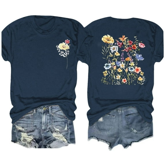 Aloohaidyvio Graphic T Shirts for Women,Summer Women's Boho Flower Crew Neck T Shirt 2024 Spring Vintage Flowers Printed Shirt Colorful Wildflower Casual Botanical Tops Tee