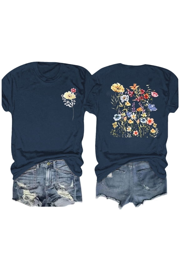 Graphic T Shirts for Women,Summer Women's Boho Flower Crew Neck T Shirt 2024 Spring Vintage Flowers Printed Shirt Colorful Wildflower Casual Botanical Tops Tee