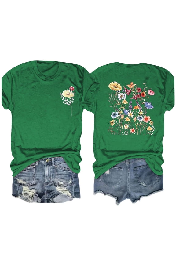 Graphic T Shirts for Women,Summer Women's Boho Flower Crew Neck T Shirt 2024 Spring Vintage Flowers Printed Shirt Colorful Wildflower Casual Botanical Tops Tee
