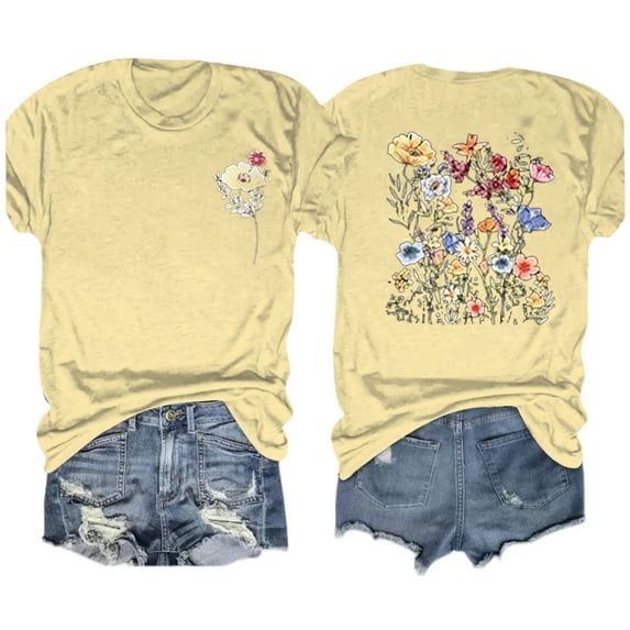 Aloohaidyvio Graphic T Shirts for Women,Summer Women's Floral Tee Wildflower Graphic T Shirt Spring Flower Casual Loose Top 2024 Crew Neck Short Sleeve Shirts Tees