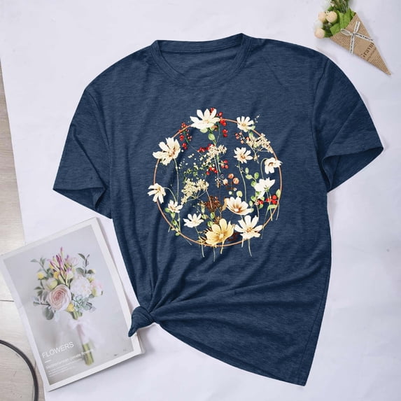 Aloohaidyvio Graphic T Shirts for Women,Summer Women's Floral Tee Wildflower Graphic T Shirt Spring Flower Casual Loose Top 2024 Crew Neck Short Sleeve Shirts Tees