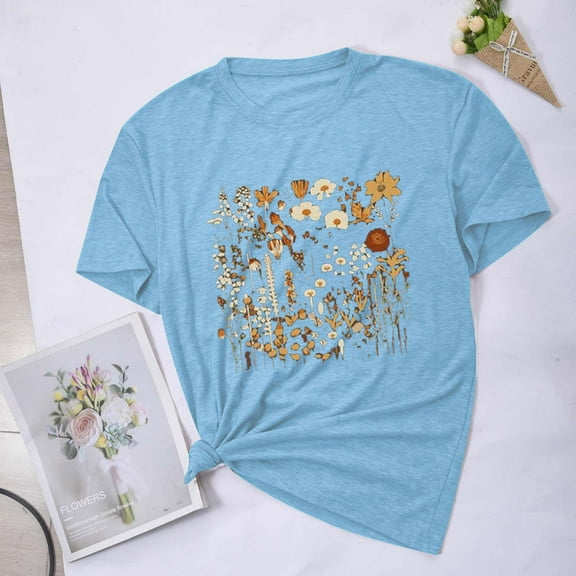 Aloohaidyvio Graphic T Shirts for Women,Summer Womens Vintage Flowers Crew Neck Printed Shirt Spring Boho Flower Graphic Tee 2024 Wildflower Botanical Short Sleeve T Shirt