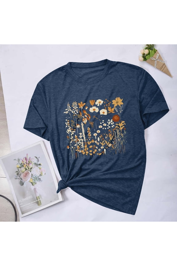 Graphic T Shirts for Women,Summer Womens Vintage Flowers Crew Neck Printed Shirt Spring Boho Flower Graphic Tee 2024 Wildflower Botanical Short Sleeve T Shirt