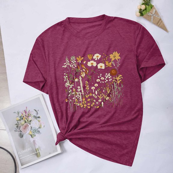 Aloohaidyvio Graphic T Shirts for Women,Summer Womens Vintage Flowers Crew Neck Printed Shirt Spring Boho Flower Graphic Tee 2024 Wildflower Botanical Short Sleeve T Shirt