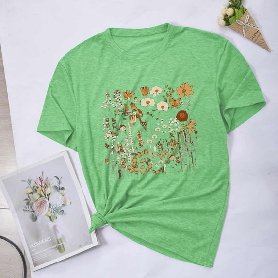 Aloohaidyvio Graphic T Shirts for Women,Summer Womens Vintage Flowers Crew Neck Printed Shirt Spring Boho Flower Graphic Tee 2024 Wildflower Botanical Short Sleeve T Shirt