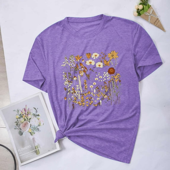 Aloohaidyvio Graphic T Shirts for Women,Summer Womens Vintage Flowers Crew Neck Printed Shirt Spring Boho Flower Graphic Tee 2024 Wildflower Botanical Short Sleeve T Shirt