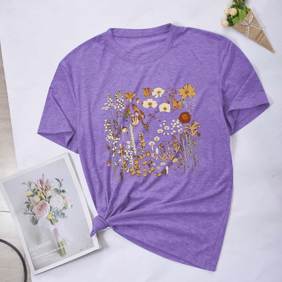 Aloohaidyvio Graphic T Shirts for Women,Summer Womens Vintage Flowers Crew Neck Printed Shirt Spring Boho Flower Graphic Tee 2024 Wildflower Botanical Short Sleeve T Shirt