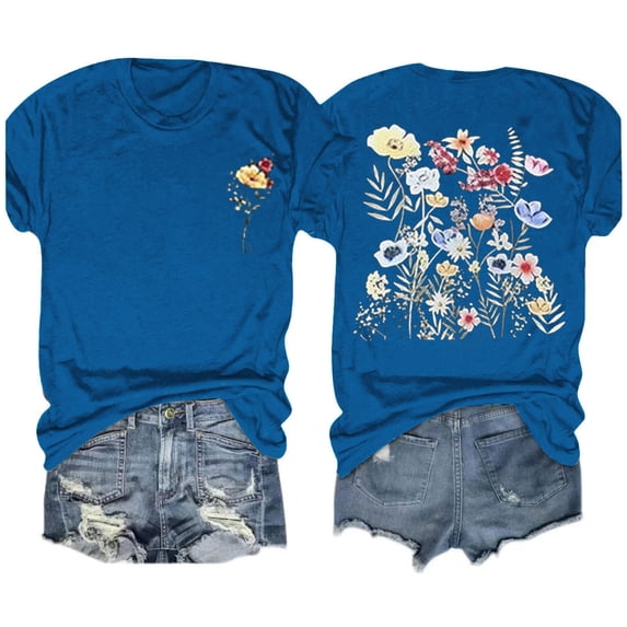 Aloohaidyvio Graphic T Shirts for Women,Summer Womens Vintage Flowers Crew Neck Printed Shirt Spring Boho Flower Graphic Tee 2024 Wildflower Botanical Short Sleeve T Shirt
