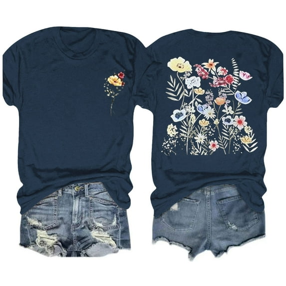 Aloohaidyvio Graphic T Shirts for Women,Summer Womens Vintage Flowers Crew Neck Shirt Spring Boho Wildflowers Graphic Tee 2024 Casual Short Sleeve T Shirt