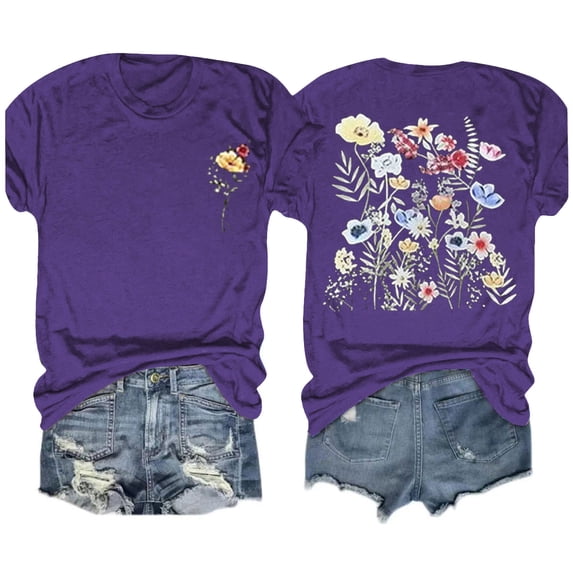 Aloohaidyvio Graphic T Shirts for Women,Summer Womens Vintage Flowers Crew Neck Shirt Spring Boho Wildflowers Graphic Tee 2024 Casual Short Sleeve T Shirt
