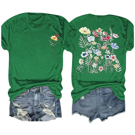 Aloohaidyvio Graphic T Shirts for Women,Summer Womens Vintage Flowers Crew Neck Shirt Spring Boho Wildflowers Graphic Tee 2024 Casual Short Sleeve T Shirt