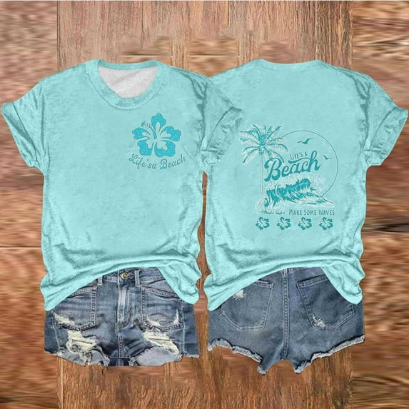 Aloohaidyvio Graphic T Shirts for Women,Summer Women's Vintage Beach Shirt Spring Short Sleeve Crew Neck T-Shirt 2024 Casual Graphic Tees