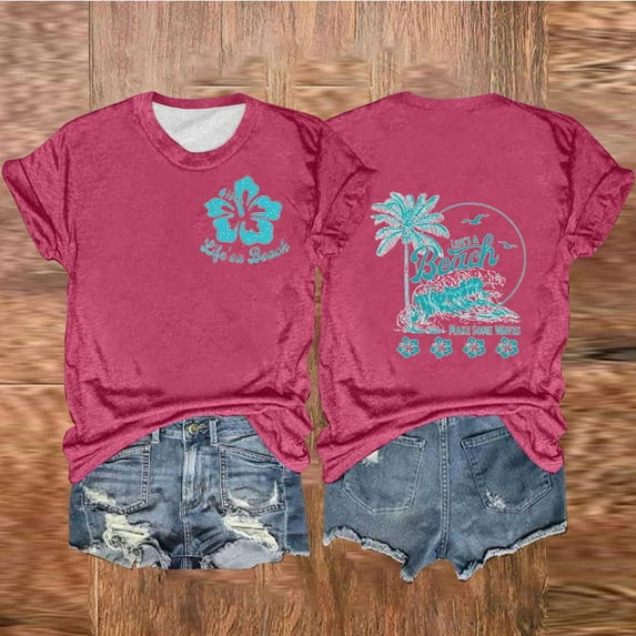 Aloohaidyvio Graphic T Shirts for Women,Summer Women's Vintage Beach Shirt Spring Short Sleeve Crew Neck T-Shirt 2024 Casual Graphic Tees