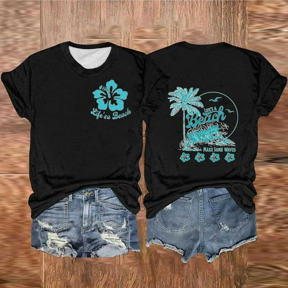 Aloohaidyvio Graphic T Shirts for Women,Summer Women's Vintage Beach Shirt Spring Short Sleeve Crew Neck T-Shirt 2024 Casual Graphic Tees