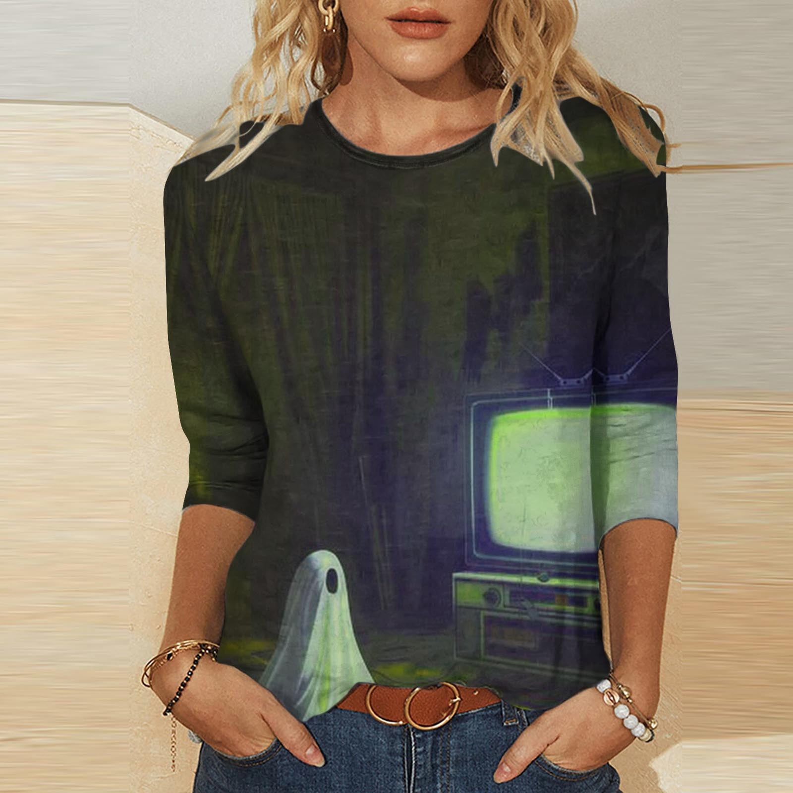 Aloohaidyvio Halloween Shirts for Women,Women's 3/4 Sleeves Round Neck