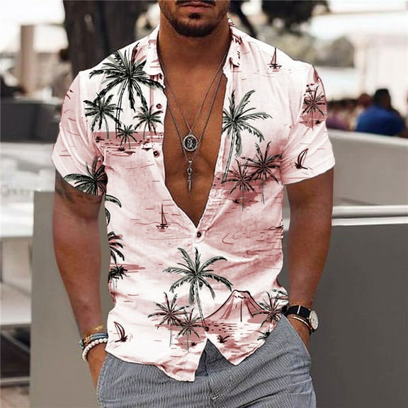 Aloohaidyvio Hawaiian Shirts for Men ,Men Beach Print Turndown Short Sleeve Shirt Blouse, Shirts for Men