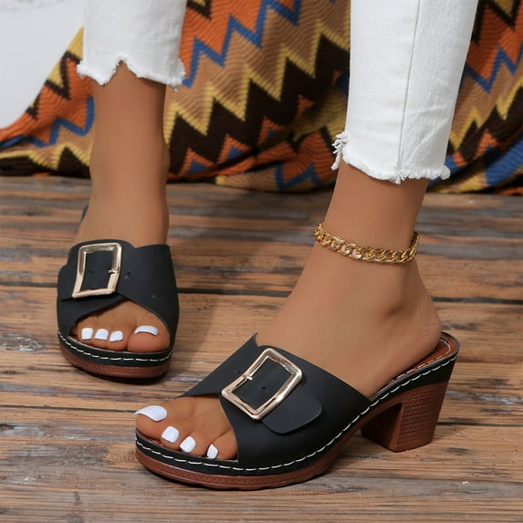 Aloohaidyvio High Chunky Platform Heels for Women Fashion Comfort Slip on Square Open Toe Block Heel Sandals