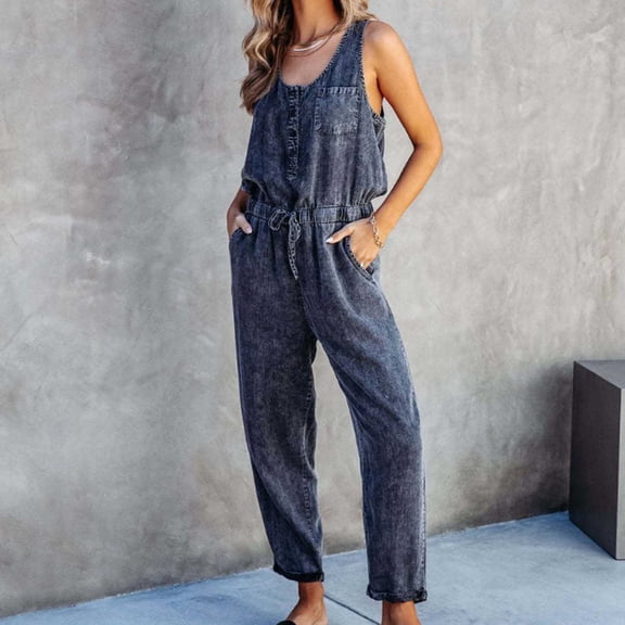 Aloohaidyvio High Roller Denim Jumpsuits for Women Casual Sleeveless Loose Baggy Overalls Jeans Pants Jumpers with Pockets Black L