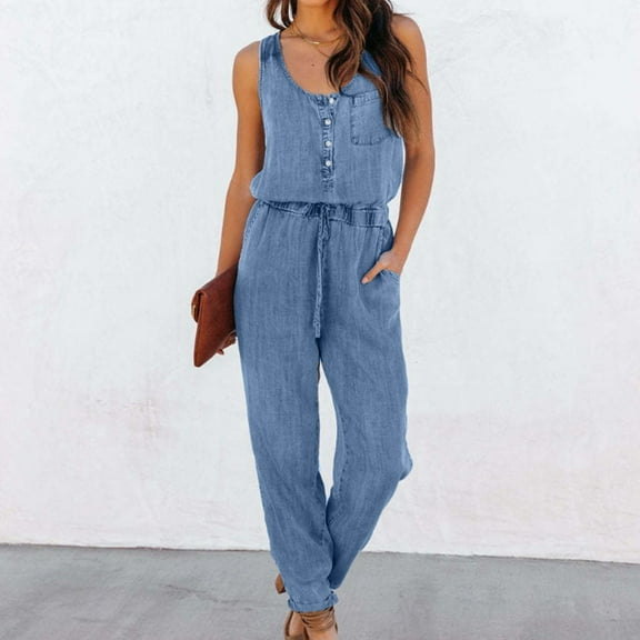 Aloohaidyvio High Roller Denim Jumpsuits for Women Casual Sleeveless Loose Baggy Overalls Jeans Pants Jumpers with Pockets Light Blue S