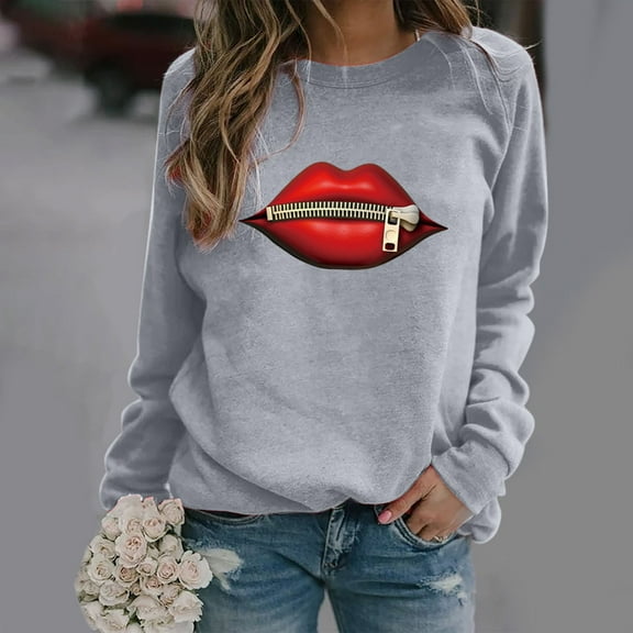 Aloohaidyvio Hoodies,Ladies Fashion Zip Lip Graphic Print Sleeve Crew Neck Sweatshirt