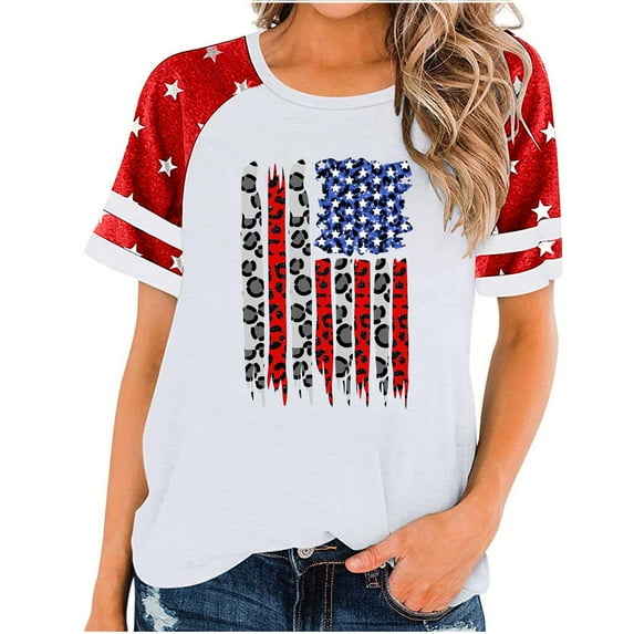 Aloohaidyvio Independence Day Shirt for Womens,Short Sleeve Vintage American Flag Tops 4th of July Round Neck Plus Size Patriotic T-shirt Light Blue S