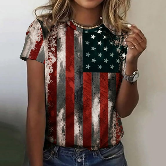 Aloohaidyvio Independence Day Shirt for Womens,Short Sleeve Vintage American Flag Tops 4th of July Round Neck Plus Size Patriotic T-shirt Black 2XL