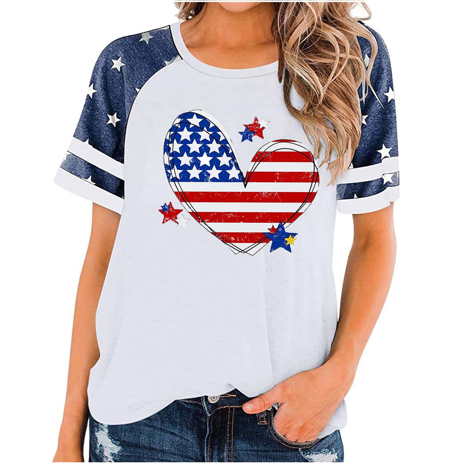 Oversized American Flag T-Shirt For Women - Patriotic Heart Graphic, 4th Of July, Short Sleeve