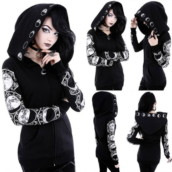 Aloohaidyvio Plus Size,Ladies Loose Gothic Punk Long Sleeve Hooded Black Cardigan Zipper Jacket Coat