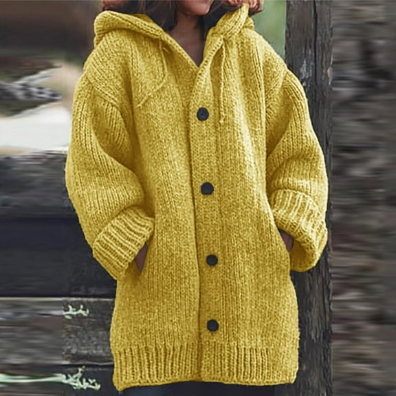 Aloohaidyvio Jackets for Women,Ladies Solid Color Single-Breasted Pocket Hooded Warm Knitted Sweater Coat Top