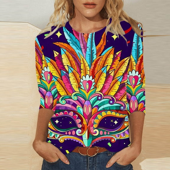 Aloohaidyvio King of Mardi Gras,Mardi Gras Masks Womens Round Neck Spliced Printed Seven Sleeve T-Shirt Top,Mardi Gras Clothing Women