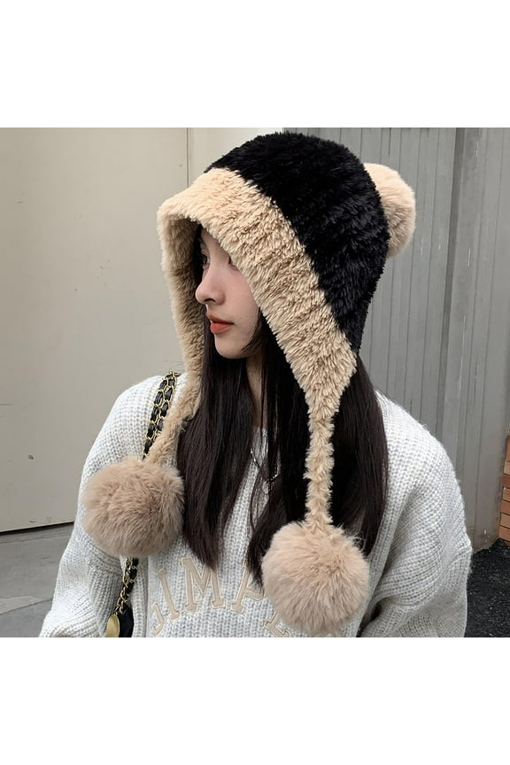 Knitted Beanie Hat for Women,Women Winter Peruvian Cover Ears Beanie Hat Ear Flaps Sherpa Ski Snow Hats Knit Fleece Lined 3 Pom Pom