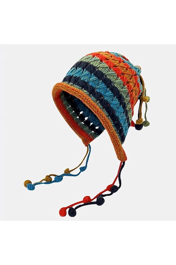 Knitted Beanie Hat for Women,Women's Colorful Handmade Crochet Beanie Tassel Ear Flaps Knit Hat with Pom Pom
