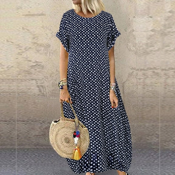 Aloohaidyvio Ladies Dresses ,Womens Pockets O-Neck Polka Dot Printing Short Sleeve Casual Long Dress