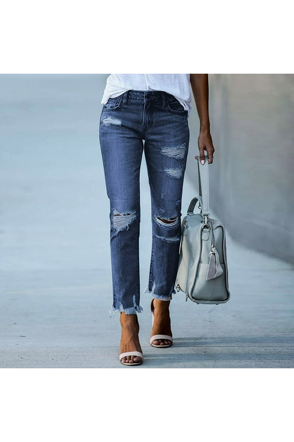 Ladies Jeans on ,Womens Solid Pokets Slim-Fit Skinny Ripped Jeans Casual Pants,Jeans for Women Stretch