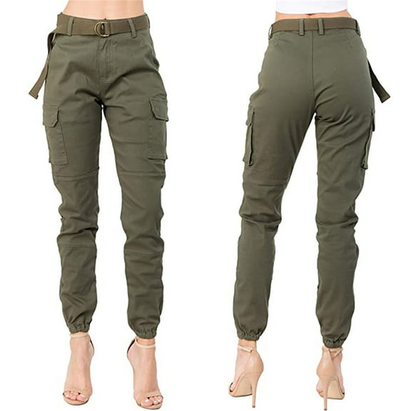 Aloohaidyvio Ladies Pants,Womens High Waist Slim Fit Jogger Cargo Solid Color Pants with Matching Belt