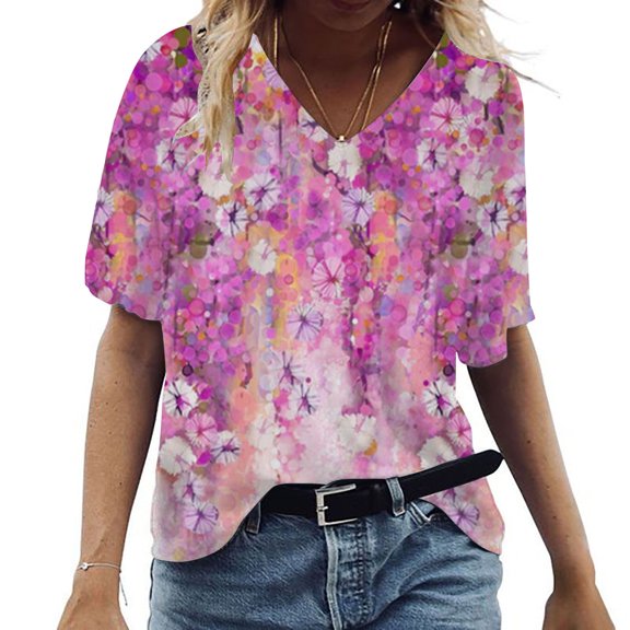 Aloohaidyvio Ladies Tops under $10,Womens Fashion Casual Scenic Flowers Printing V-Neck T-Shirt Tops