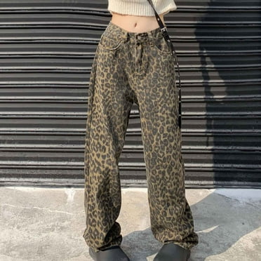 Aloohaidyvio Leopard Jeans Leopard Print Jeans Cheetah Print Pants Wide-Leg Streetwear Pants Baggy Jeans Straight Leg Pants Unisex