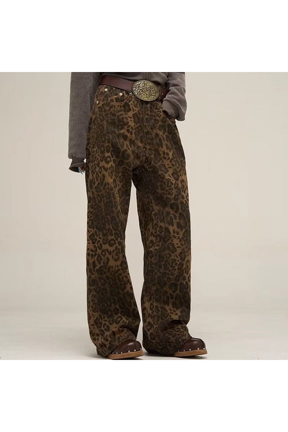 Leopard Print Jeans for Women Y2k Pants Leopard Jeans Straight Leg Jeans Baggy Jeans Cheetah Pants Streetwear