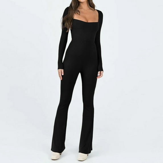 Aloohaidyvio Long Sleeve Jumpsuits for Women Square Neck Wide Leg Full Length Romper Playsuit Black S