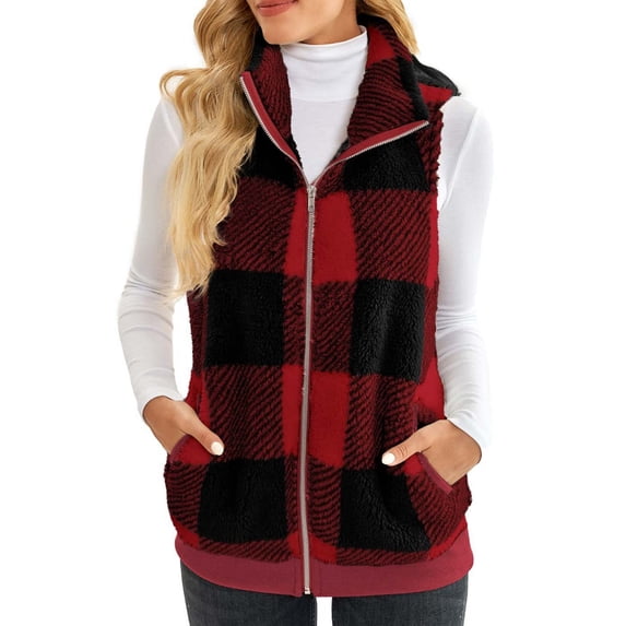 Aloohaidyvio Long Vest for Women Sleeveless,Womens Plaid Print Sleeveless Cardigans Plush Coat