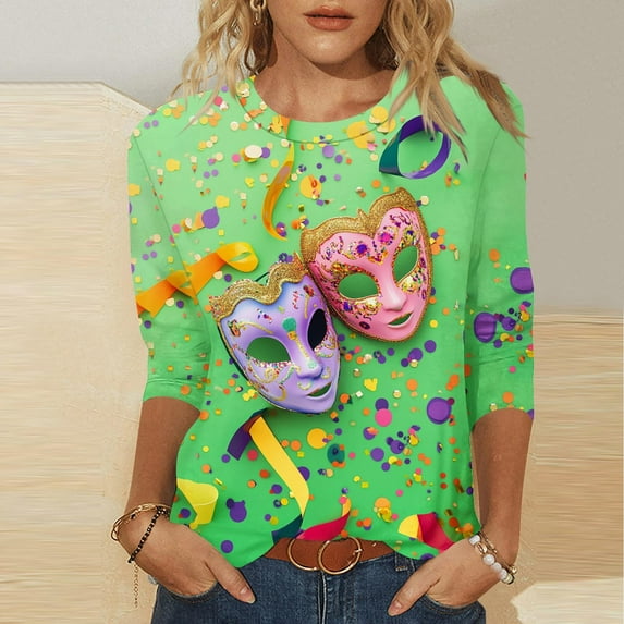 Aloohaidyvio Mardi Gras Clothing ,Women's Summer Tops 3/4 Sleeve Round Neck Tshirts Mardi Gras Loose Fit Pullover Blouses & Basic Tees