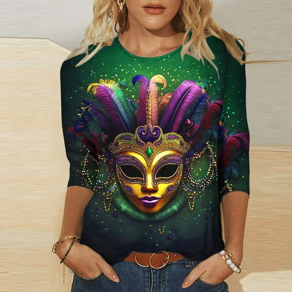 Aloohaidyvio Mardi Gras Clothing ,Womens Tops 3/4 Sleeve Shirts Round Neck Loose Casual Blouses Mardi Gras Tshirts