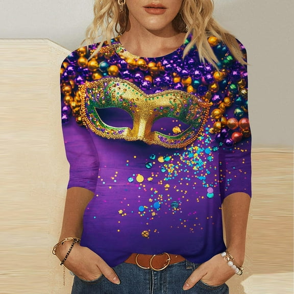 Aloohaidyvio Mardi Gras Clothing ,Womens Tops 3/4 Sleeve Shirts Round Neck Mardi Gras Blouses Casual Tunic Tops