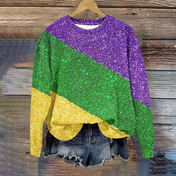 Aloohaidyvio Mardi Gras Clothing Plus Size,Women's Fashion Casual Long Sleeve Round Neck Printed Ladies Sweatshirt Tops Blouse